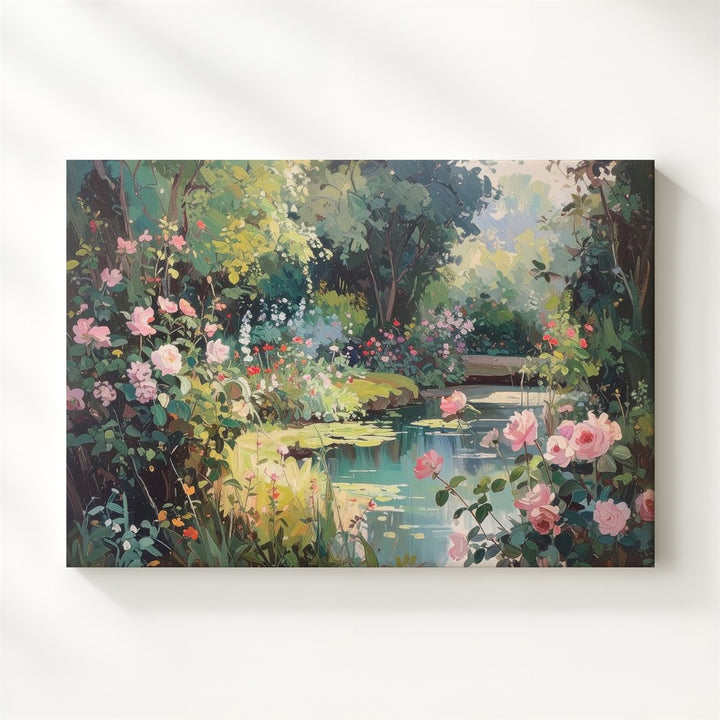 Romantic Garden Pond Canvas – Impressionist Floral Retreat Wall Art - Gifitto