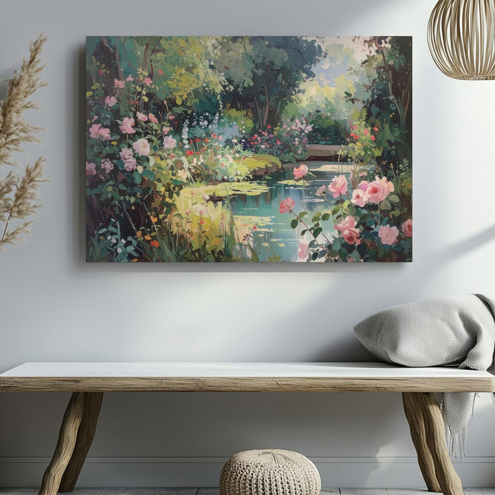 Romantic Garden Pond Canvas – Impressionist Floral Retreat Wall Art - Gifitto