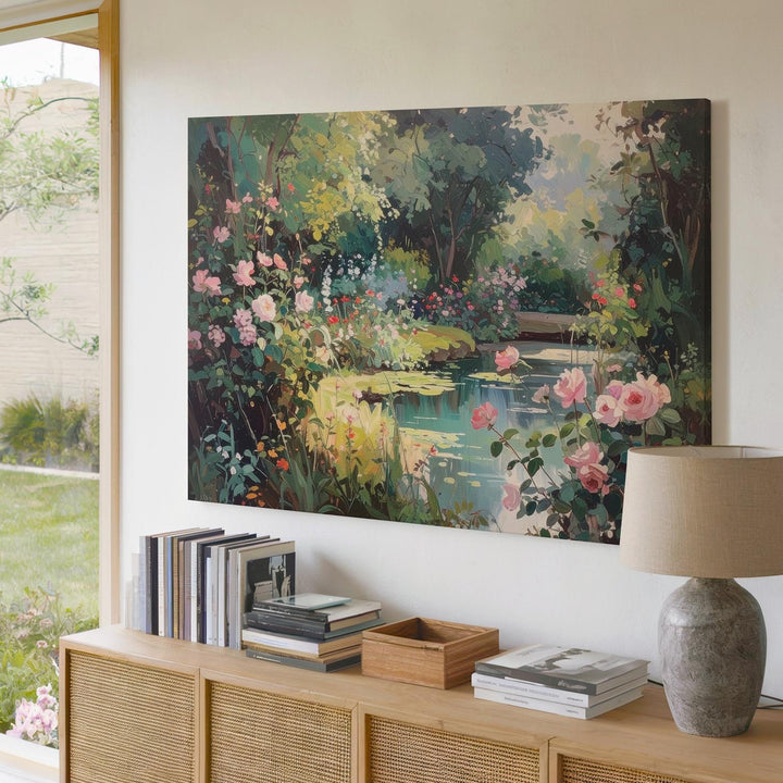 Romantic Garden Pond Canvas – Impressionist Floral Retreat Wall Art - Gifitto
