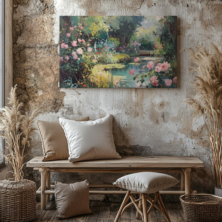 Romantic Garden Pond Canvas – Impressionist Floral Retreat Wall Art - Gifitto