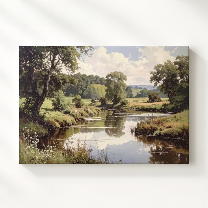 Reflective River Meadow Canvas – Serene Countryside Landscape Wall Art - Gifitto