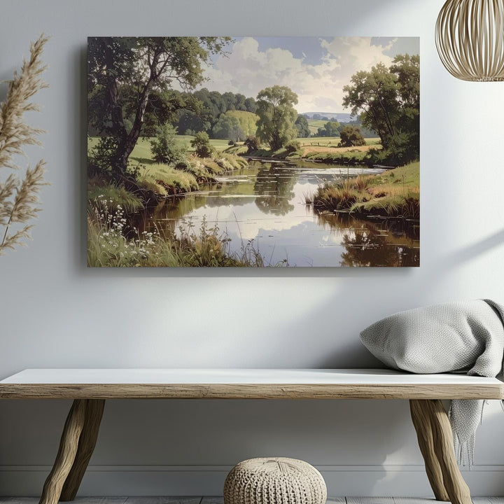 Reflective River Meadow Canvas – Serene Countryside Landscape Wall Art - Gifitto