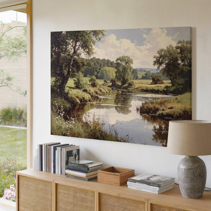Reflective River Meadow Canvas – Serene Countryside Landscape Wall Art - Gifitto