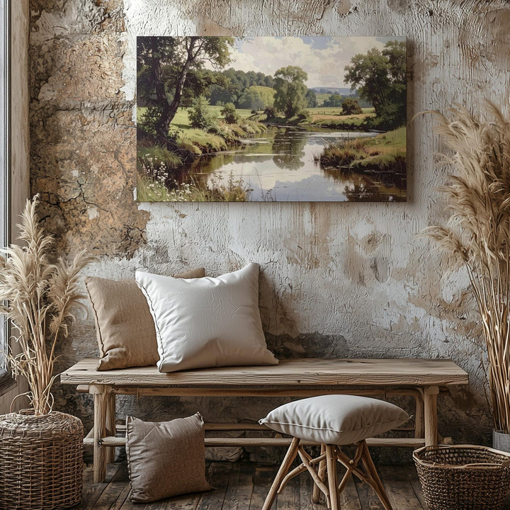 Reflective River Meadow Canvas – Serene Countryside Landscape Wall Art - Gifitto