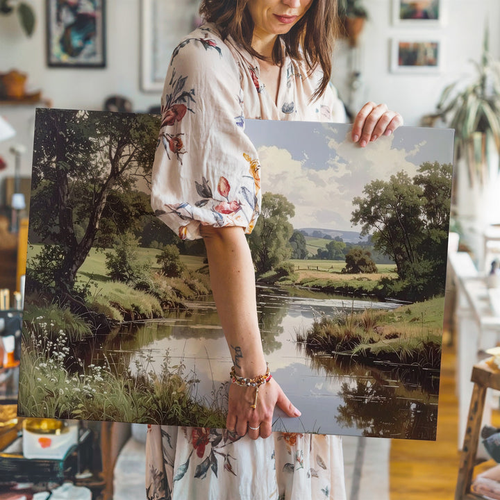 Reflective River Meadow Canvas – Serene Countryside Landscape Wall Art - Gifitto