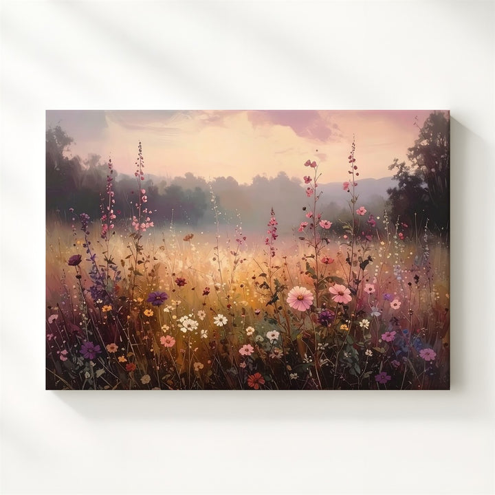 Golden Hour Wildflower Canvas – Dreamy Floral Field at Dusk Wall Art - Gifitto