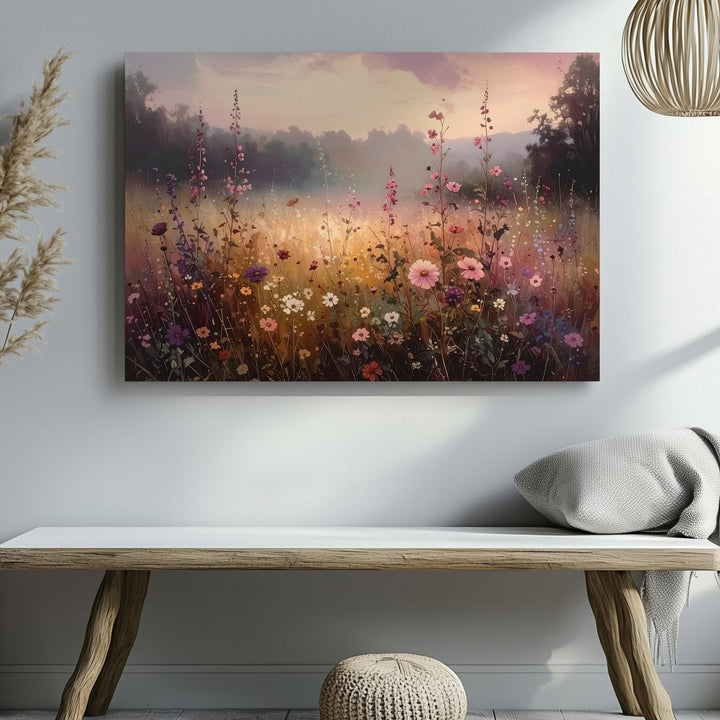 Golden Hour Wildflower Canvas – Dreamy Floral Field at Dusk Wall Art - Gifitto