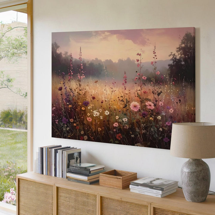 Golden Hour Wildflower Canvas – Dreamy Floral Field at Dusk Wall Art - Gifitto