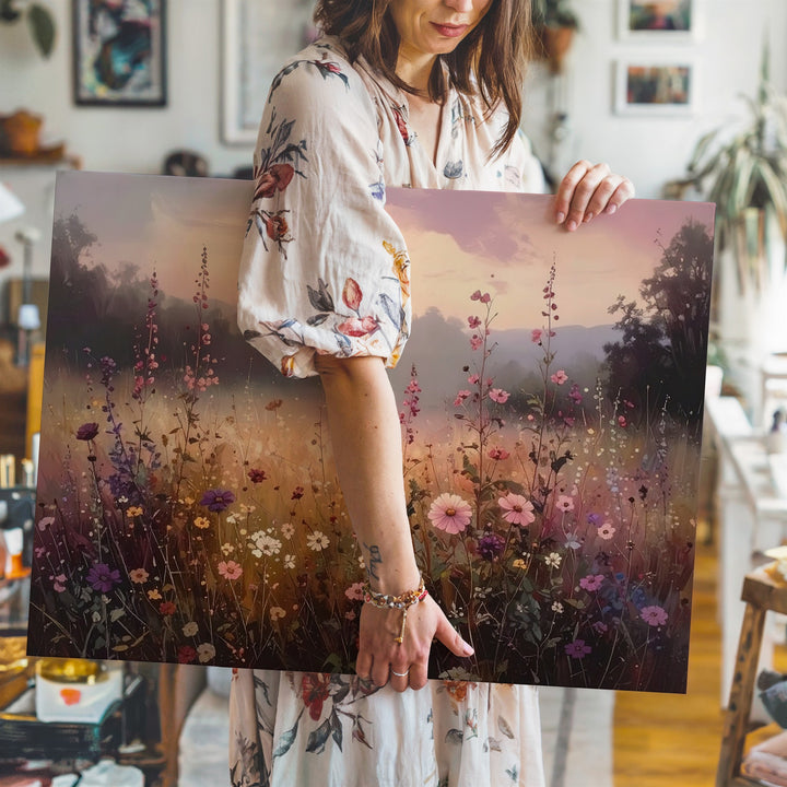 Golden Hour Wildflower Canvas – Dreamy Floral Field at Dusk Wall Art - Gifitto