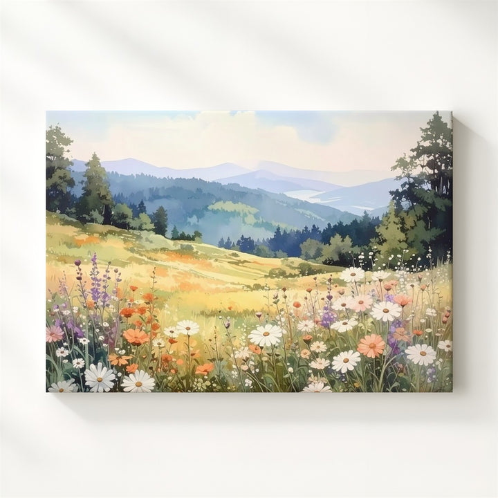 Watercolor Wildflower Hillside Canvas – Soft Meadow & Misty Mountain Art - Gifitto