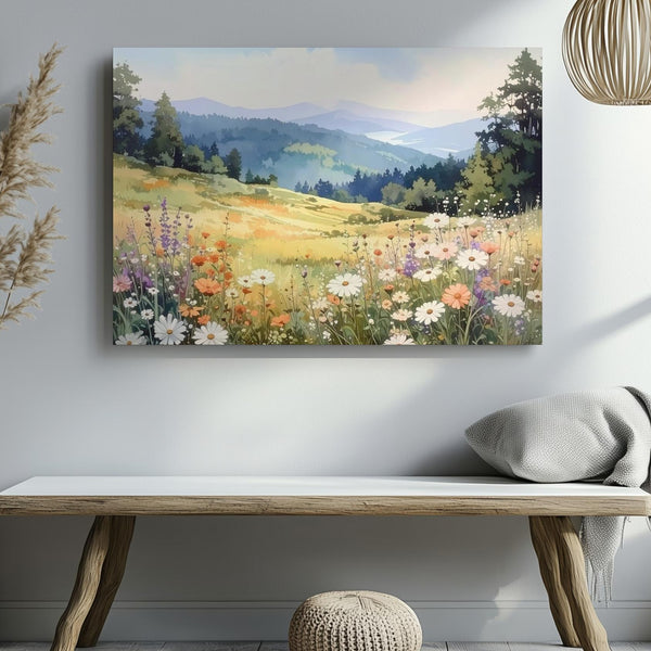 Watercolor Wildflower Hillside Canvas – Soft Meadow & Misty Mountain Art - Gifitto