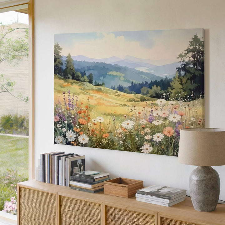 Watercolor Wildflower Hillside Canvas – Soft Meadow & Misty Mountain Art - Gifitto