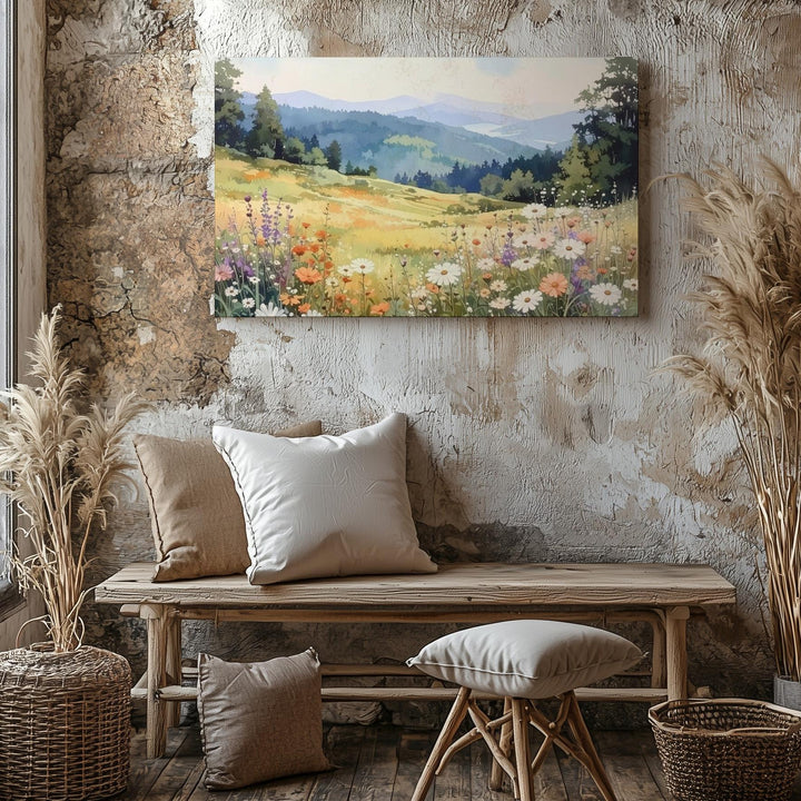 Watercolor Wildflower Hillside Canvas – Soft Meadow & Misty Mountain Art - Gifitto