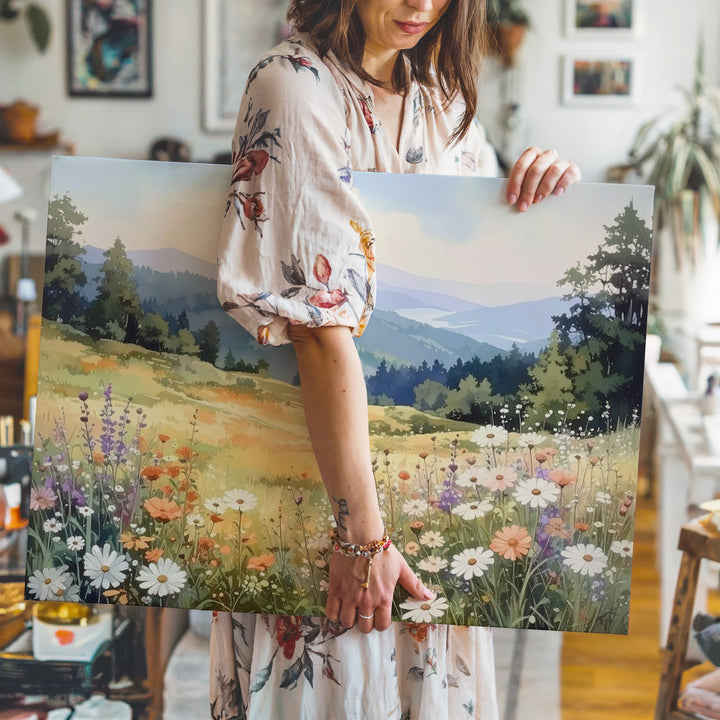 Watercolor Wildflower Hillside Canvas – Soft Meadow & Misty Mountain Art - Gifitto