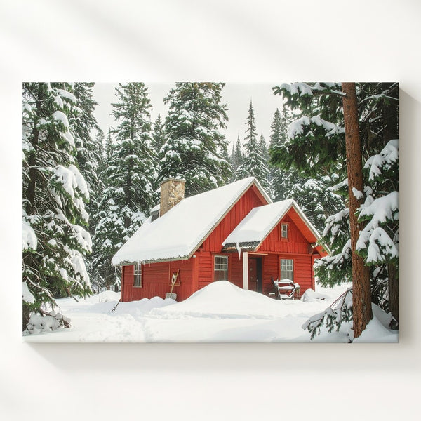 Red Cabin in Snowy Pines Canvas – Rustic Winter Forest Retreat Wall Art - Gifitto