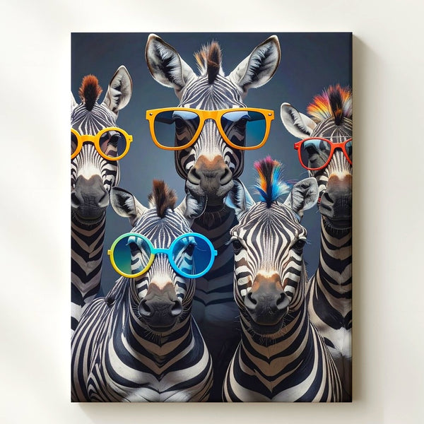 Cool Zebras Canvas – Quirky Group Portrait with Glasses & Mohawks - Gifitto