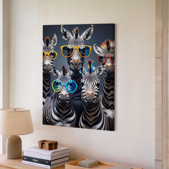Cool Zebras Canvas – Quirky Group Portrait with Glasses & Mohawks - Gifitto