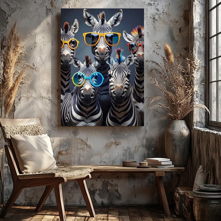 Cool Zebras Canvas – Quirky Group Portrait with Glasses & Mohawks - Gifitto