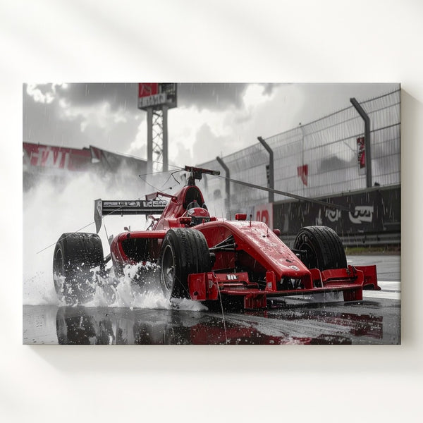 Rain Rush Canvas – Red Formula 1 Car Racing Through Wet Track Drama - Gifitto