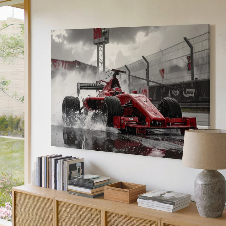 Rain Rush Canvas – Red Formula 1 Car Racing Through Wet Track Drama - Gifitto
