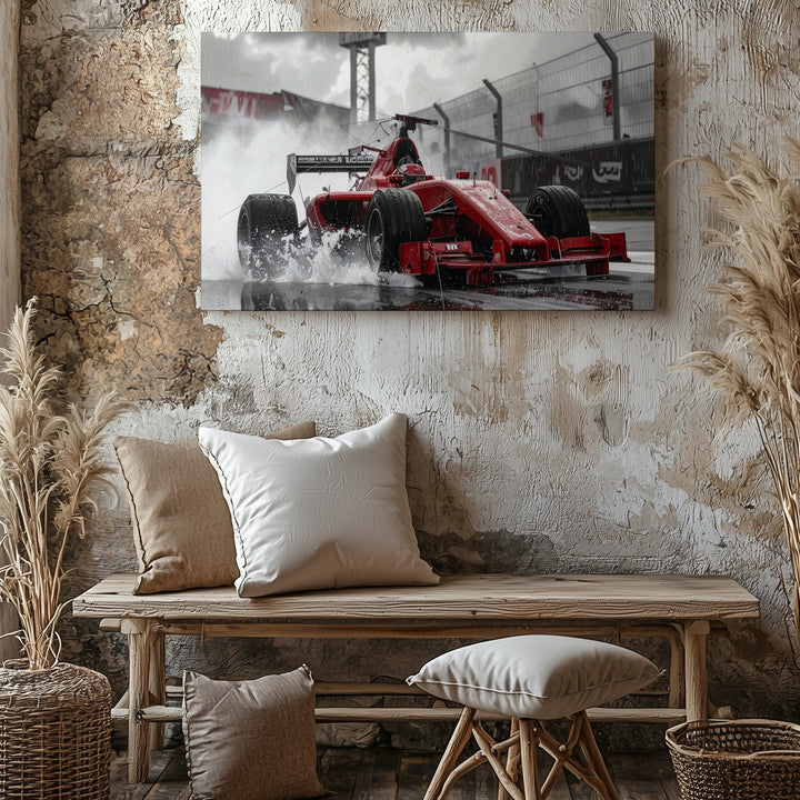 Rain Rush Canvas – Red Formula 1 Car Racing Through Wet Track Drama - Gifitto