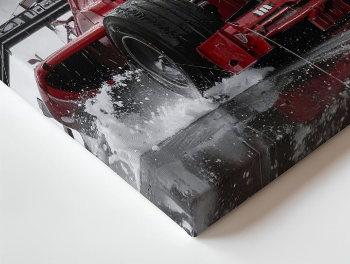 Rain Rush Canvas – Red Formula 1 Car Racing Through Wet Track Drama - Gifitto