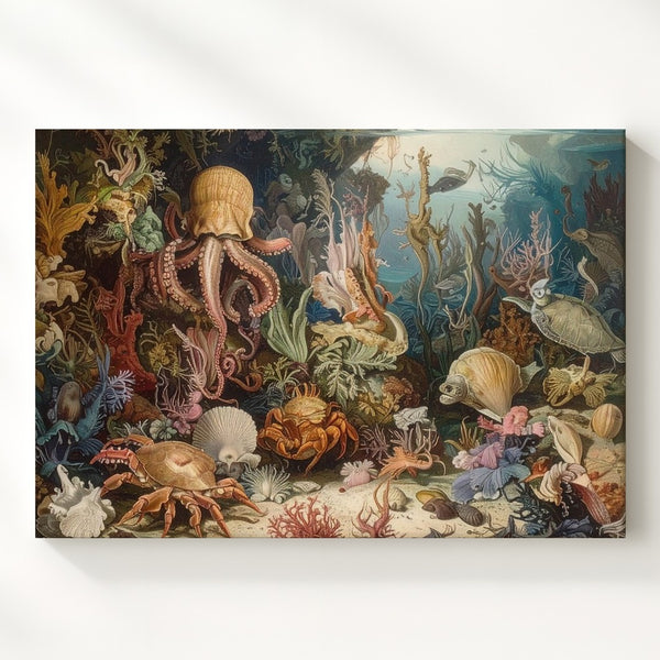 Vintage Coral Reef Ecosystem Canvas – Scientific Marine Illustration Art