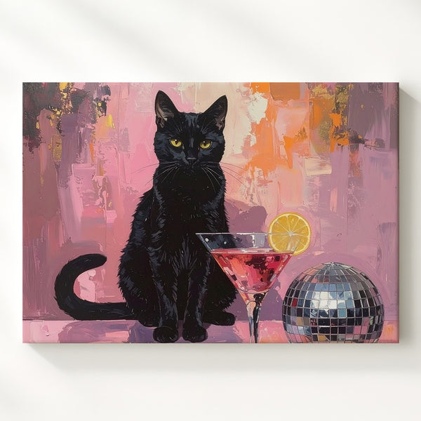 Glamorous Black Cat Cocktail Canvas – Retro Disco Party Wall Art - Gifitto
