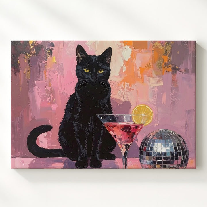 Glamorous Black Cat Cocktail Canvas – Retro Disco Party Wall Art - Gifitto