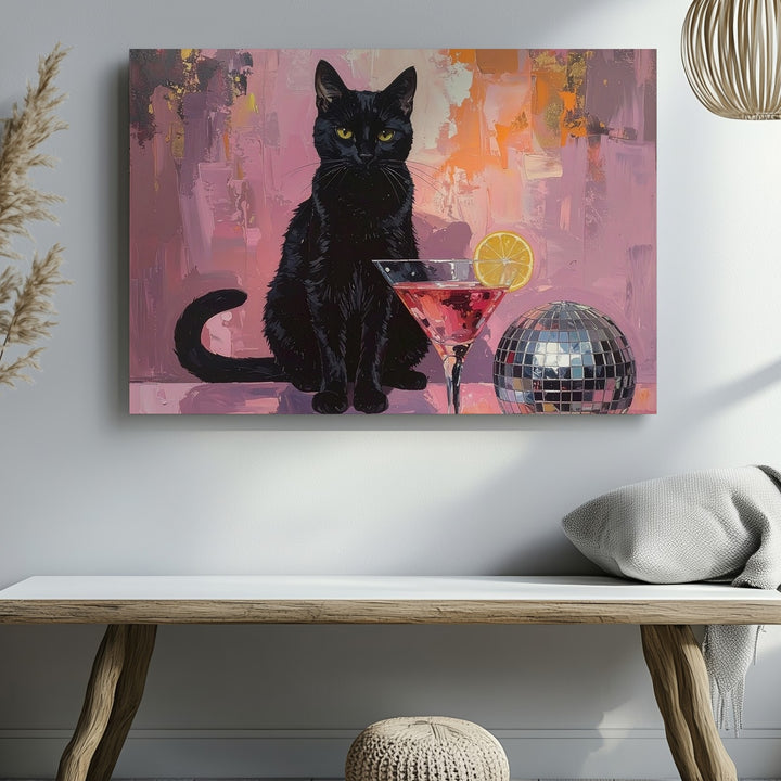 Glamorous Black Cat Cocktail Canvas – Retro Disco Party Wall Art - Gifitto