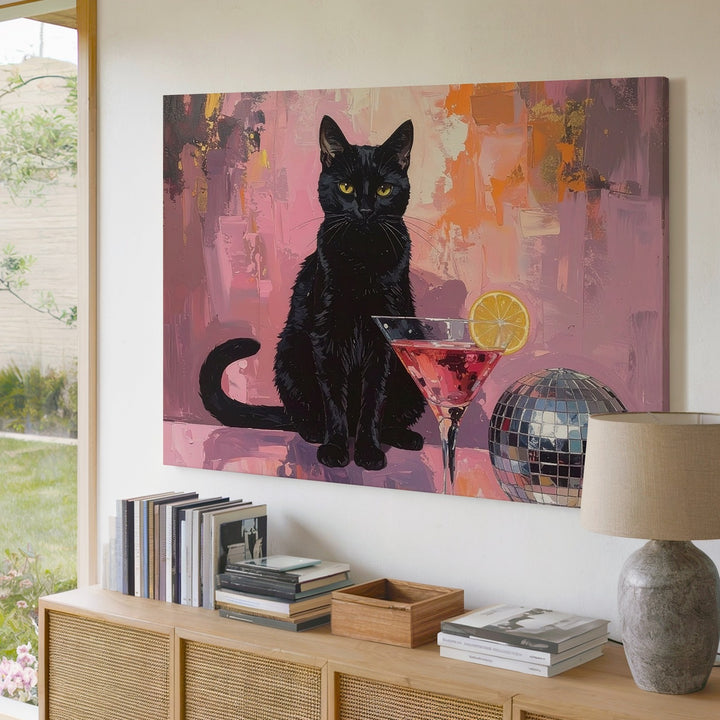 Glamorous Black Cat Cocktail Canvas – Retro Disco Party Wall Art - Gifitto