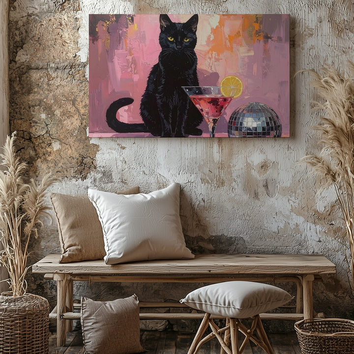 Glamorous Black Cat Cocktail Canvas – Retro Disco Party Wall Art - Gifitto