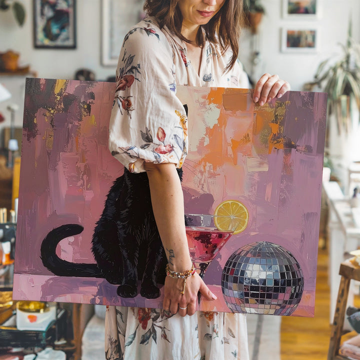 Glamorous Black Cat Cocktail Canvas – Retro Disco Party Wall Art - Gifitto