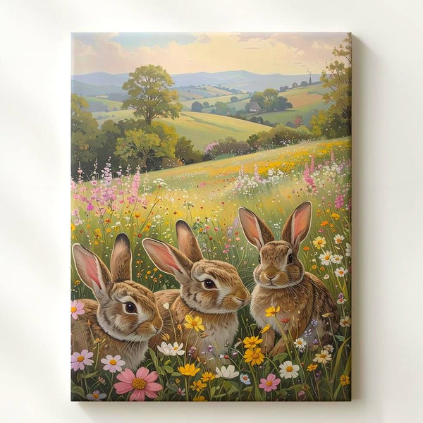 Countryside Rabbits Canvas – Peaceful Meadow Wall Art - Gifitto