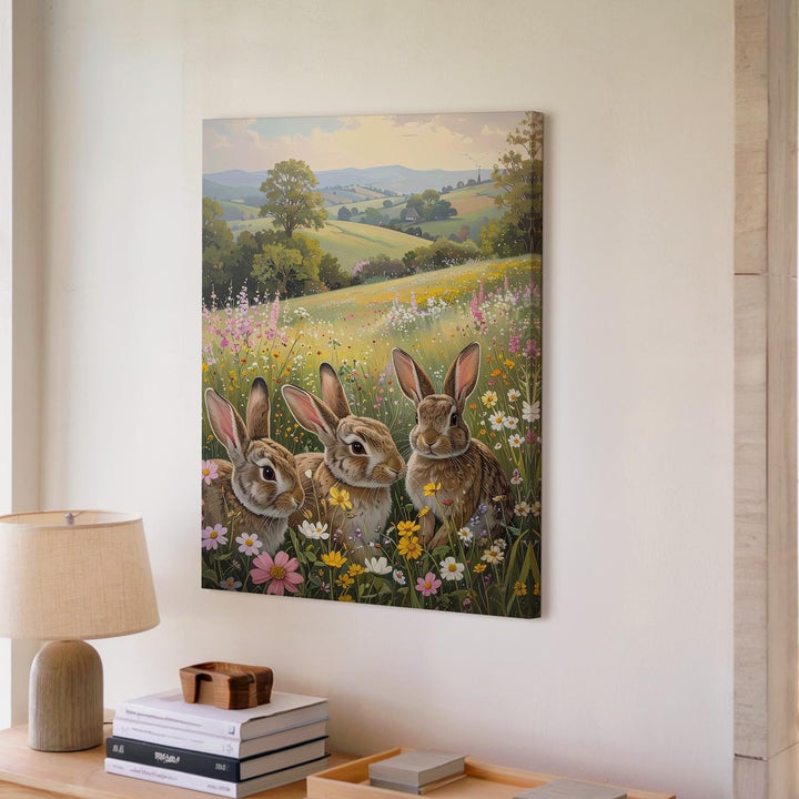 Countryside Rabbits Canvas – Peaceful Meadow Wall Art - Gifitto