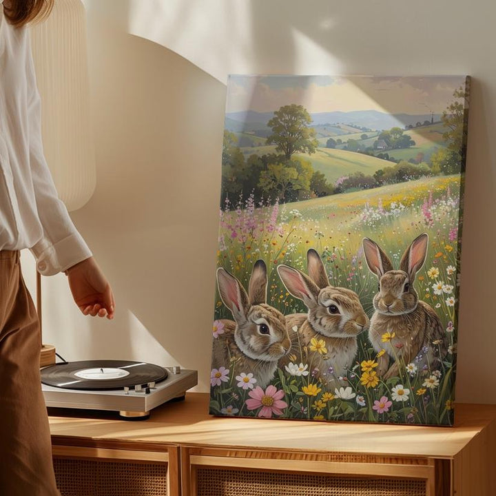 Countryside Rabbits Canvas – Peaceful Meadow Wall Art - Gifitto