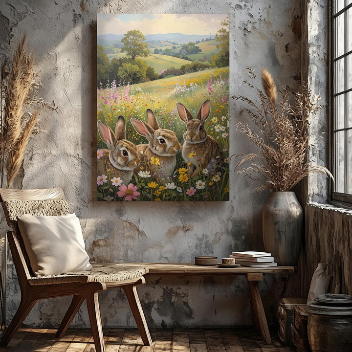 Countryside Rabbits Canvas – Peaceful Meadow Wall Art - Gifitto