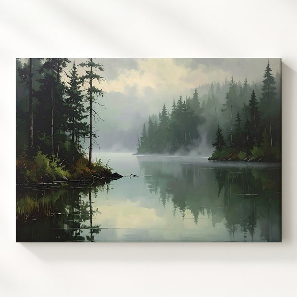 Misty Forest Reflection Canvas – Serene Lake and Pine Landscape Art - Gifitto