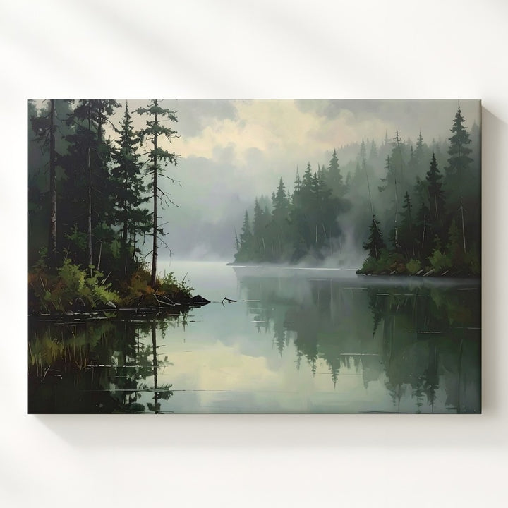 Misty Forest Reflection Canvas – Serene Lake and Pine Landscape Art - Gifitto