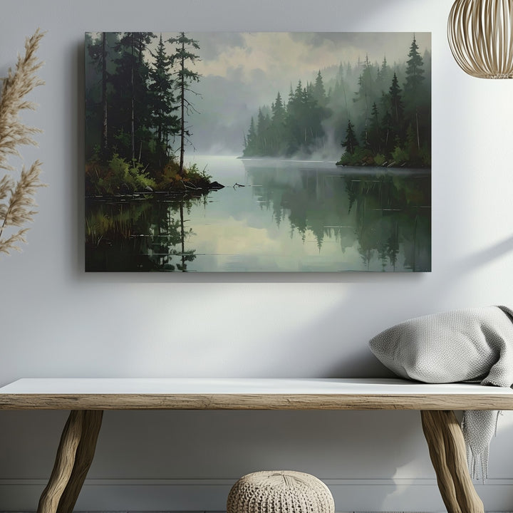 Misty Forest Reflection Canvas – Serene Lake and Pine Landscape Art - Gifitto