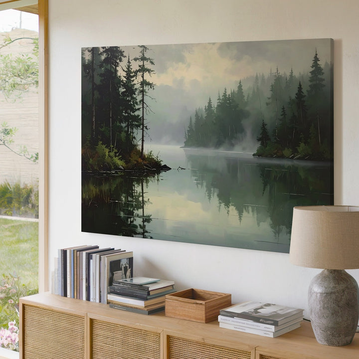 Misty Forest Reflection Canvas – Serene Lake and Pine Landscape Art - Gifitto