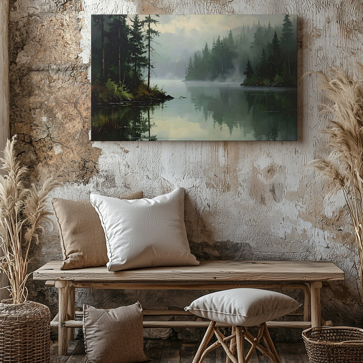 Misty Forest Reflection Canvas – Serene Lake and Pine Landscape Art - Gifitto