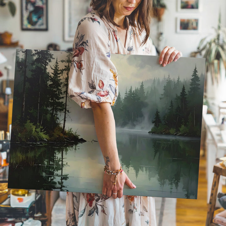 Misty Forest Reflection Canvas – Serene Lake and Pine Landscape Art - Gifitto