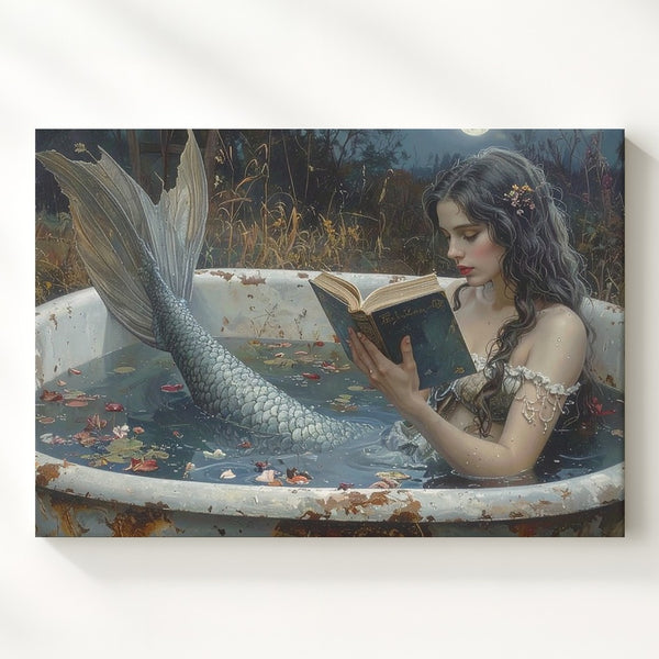 Moonlit Mermaid Reading Canvas – Serene Fantasy Bathtub Scene Wall Art - Gifitto