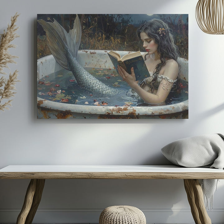 Moonlit Mermaid Reading Canvas – Serene Fantasy Bathtub Scene Wall Art - Gifitto