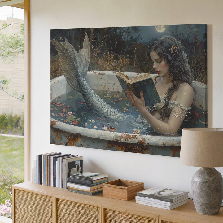 Moonlit Mermaid Reading Canvas – Serene Fantasy Bathtub Scene Wall Art - Gifitto