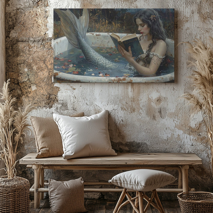 Moonlit Mermaid Reading Canvas – Serene Fantasy Bathtub Scene Wall Art - Gifitto