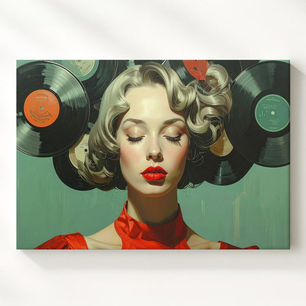 Vinyl Crowned Woman Canvas – Surreal Portrait in Red with Record Hair - Gifitto