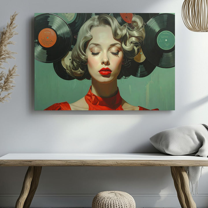 Vinyl Crowned Woman Canvas – Surreal Portrait in Red with Record Hair - Gifitto