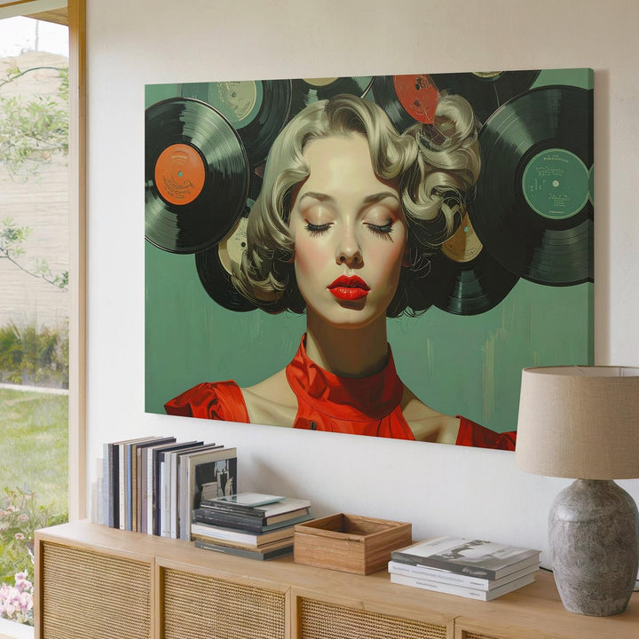 Vinyl Crowned Woman Canvas – Surreal Portrait in Red with Record Hair - Gifitto